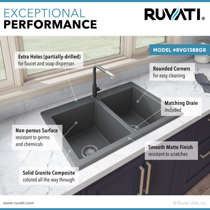 Ruvati epiGranite 33" x 22" Urban Gray Dual-Mount Granite 50/50 Double Bowl Kitchen Sink With Basket Strainer and Drain Assembly