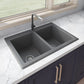 Ruvati epiGranite 33" x 22" Urban Gray Dual-Mount Granite 50/50 Double Bowl Kitchen Sink With Basket Strainer and Drain Assembly