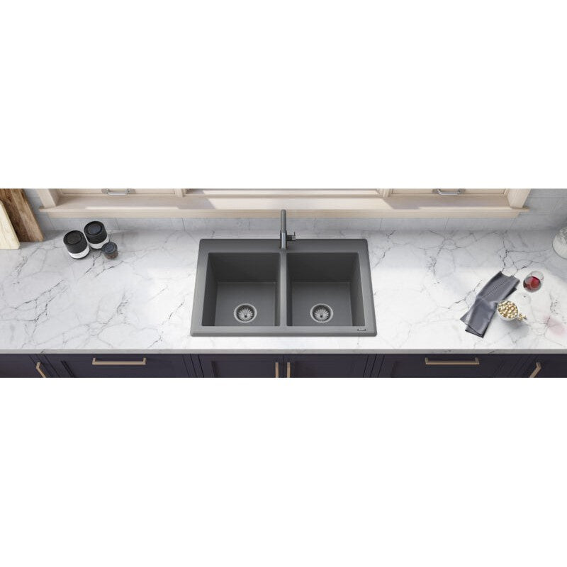 Ruvati epiGranite 33" x 22" Urban Gray Dual-Mount Granite 50/50 Double Bowl Kitchen Sink With Basket Strainer and Drain Assembly