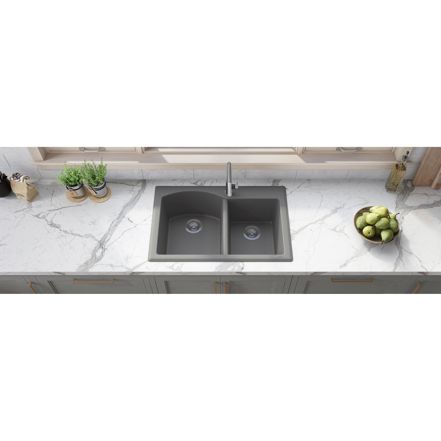 Ruvati epiGranite 33" x 22" Urban Gray Dual-Mount Granite 60/40 Double Bowl Kitchen Sink With Basket Strainer and Drain Assembly