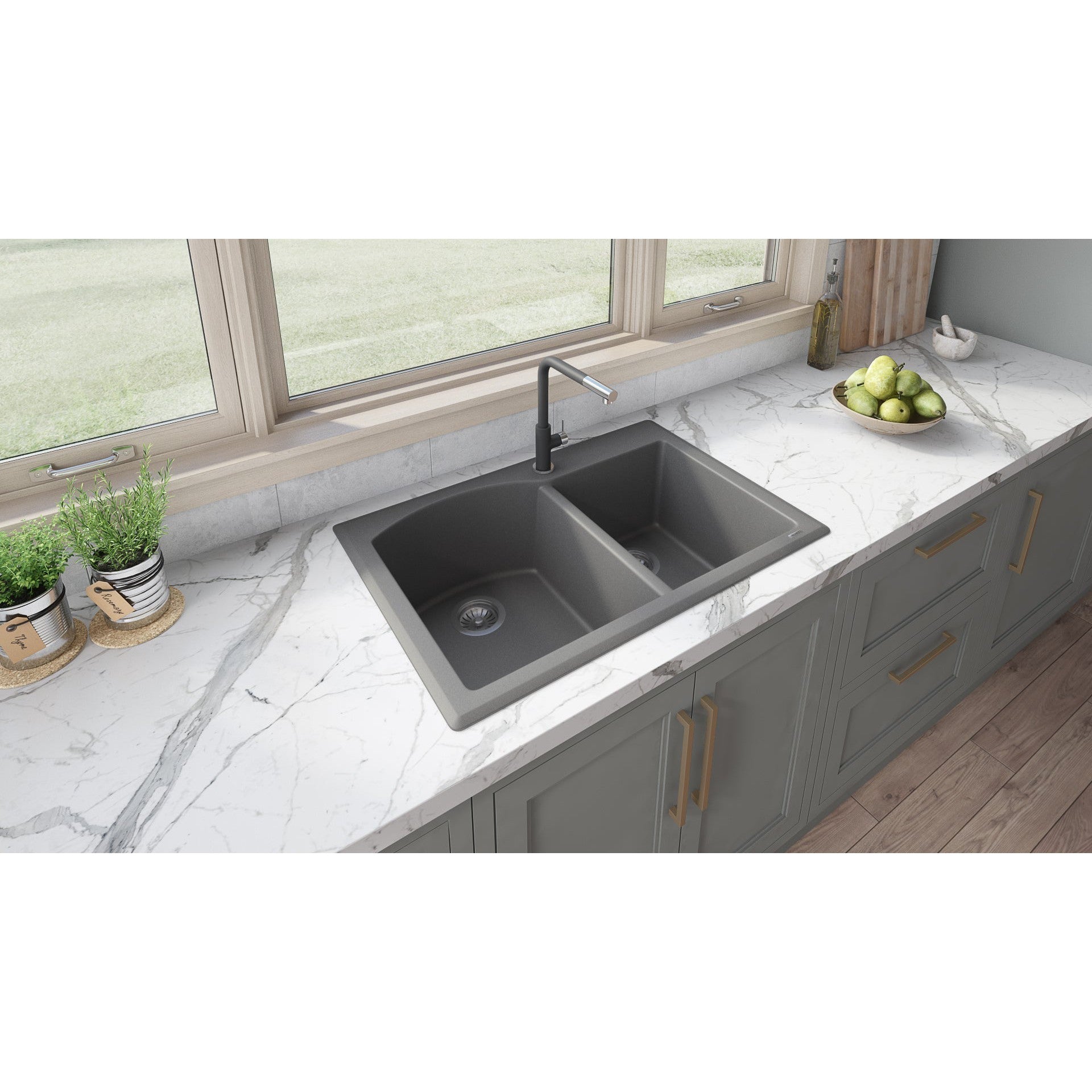 Ruvati epiGranite 33" x 22" Urban Gray Dual-Mount Granite 60/40 Double Bowl Kitchen Sink With Basket Strainer and Drain Assembly