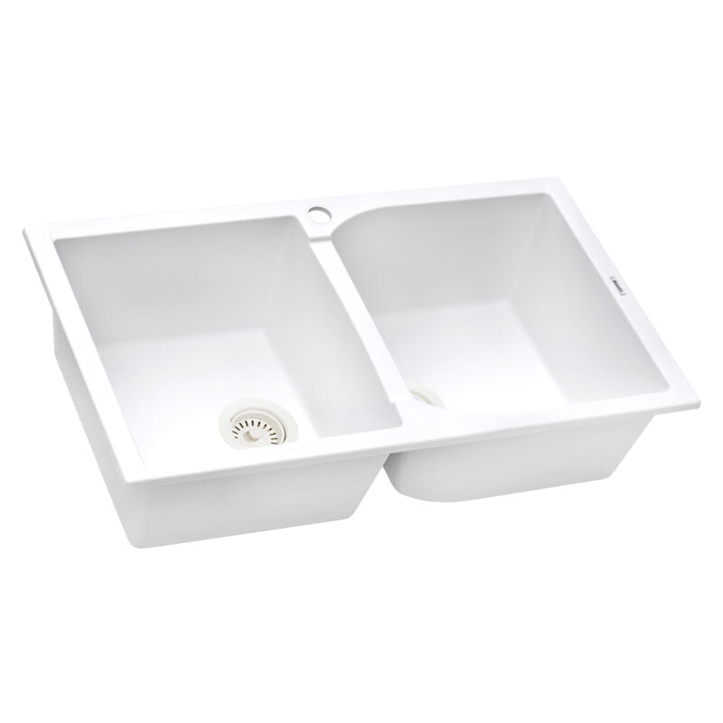 Ruvati epiGranite 34" x 20” Arctic White Dual-Mount Granite 50/50 Double Bowl Kitchen Sink With Basket Strainer and Drain Assembly