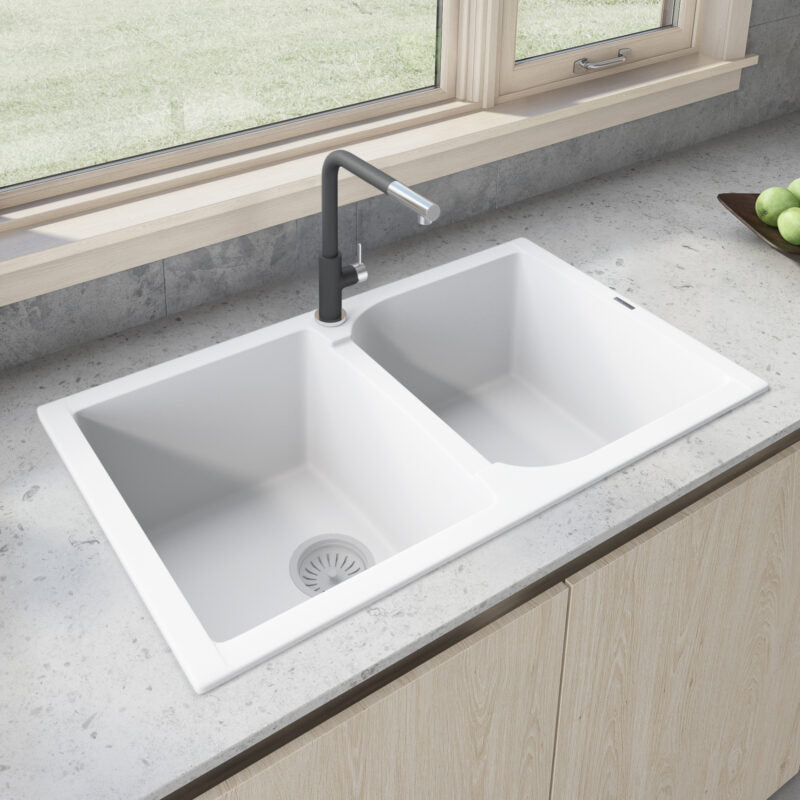 Ruvati epiGranite 34" x 20” Arctic White Dual-Mount Granite 50/50 Double Bowl Kitchen Sink With Basket Strainer and Drain Assembly