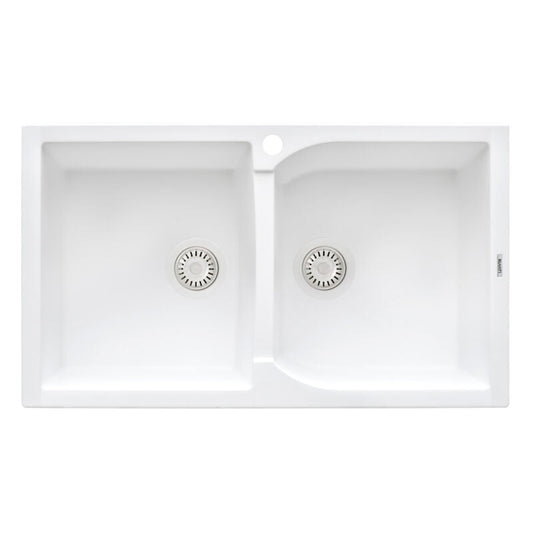 Ruvati epiGranite 34" x 20” Arctic White Dual-Mount Granite 50/50 Double Bowl Kitchen Sink With Basket Strainer and Drain Assembly