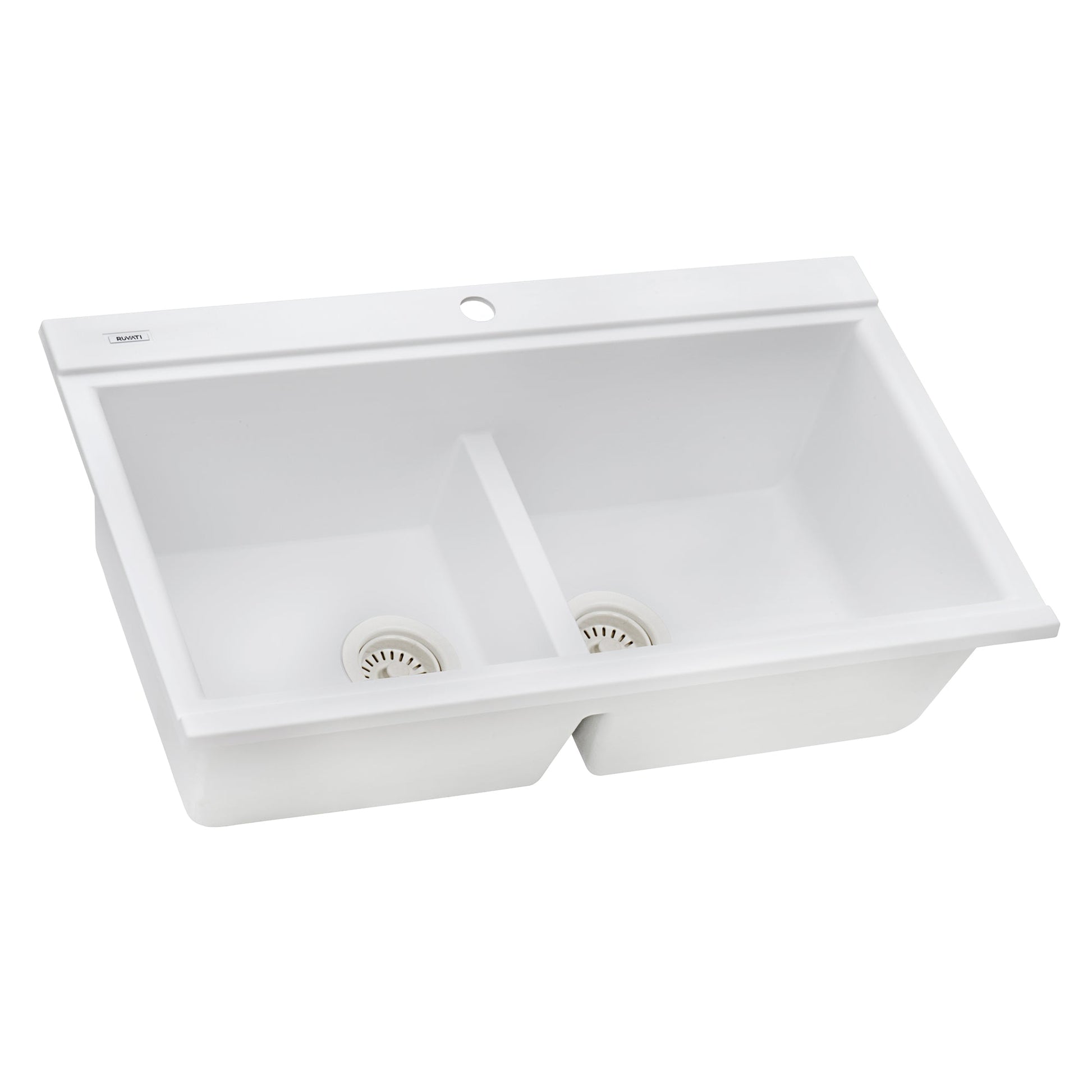 Ruvati epiGranite 34" x 20" Arctic White Topmount Granite 50/50 Double Bowl Workstation Ledge Kitchen Sink With Basket Strainer and Drain Assembly