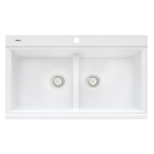 Ruvati epiGranite 34" x 20" Arctic White Topmount Granite 50/50 Double Bowl Workstation Ledge Kitchen Sink With Basket Strainer and Drain Assembly
