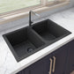 Ruvati epiGranite 34" x 20” Midnight Black Dual-Mount Granite 50/50 Double Bowl Kitchen Sink With Basket Strainer and Drain Assembly