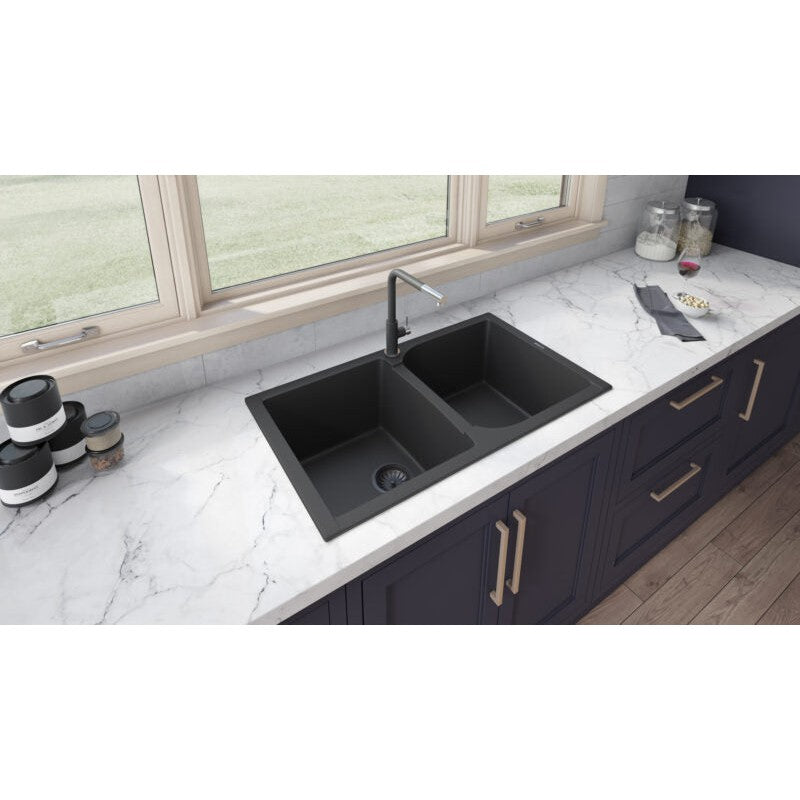 Ruvati epiGranite 34" x 20” Midnight Black Dual-Mount Granite 50/50 Double Bowl Kitchen Sink With Basket Strainer and Drain Assembly