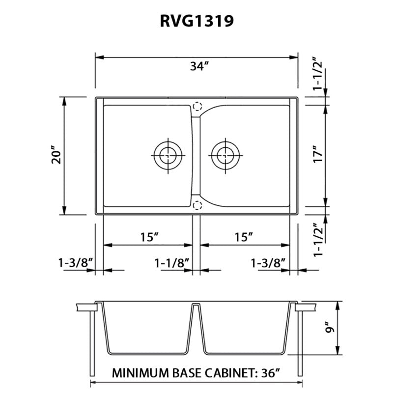 Ruvati epiGranite 34" x 20” Midnight Black Dual-Mount Granite 50/50 Double Bowl Kitchen Sink With Basket Strainer and Drain Assembly