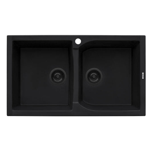 Ruvati epiGranite 34" x 20” Midnight Black Dual-Mount Granite 50/50 Double Bowl Kitchen Sink With Basket Strainer and Drain Assembly