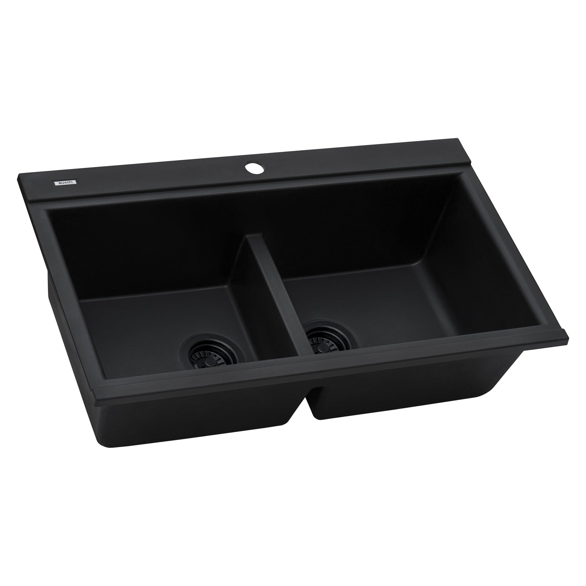 Ruvati epiGranite 34" x 20" Midnight Black Topmount Granite 50/50 Double Bowl Workstation Ledge Kitchen Sink With Basket Strainer and Drain Assembly