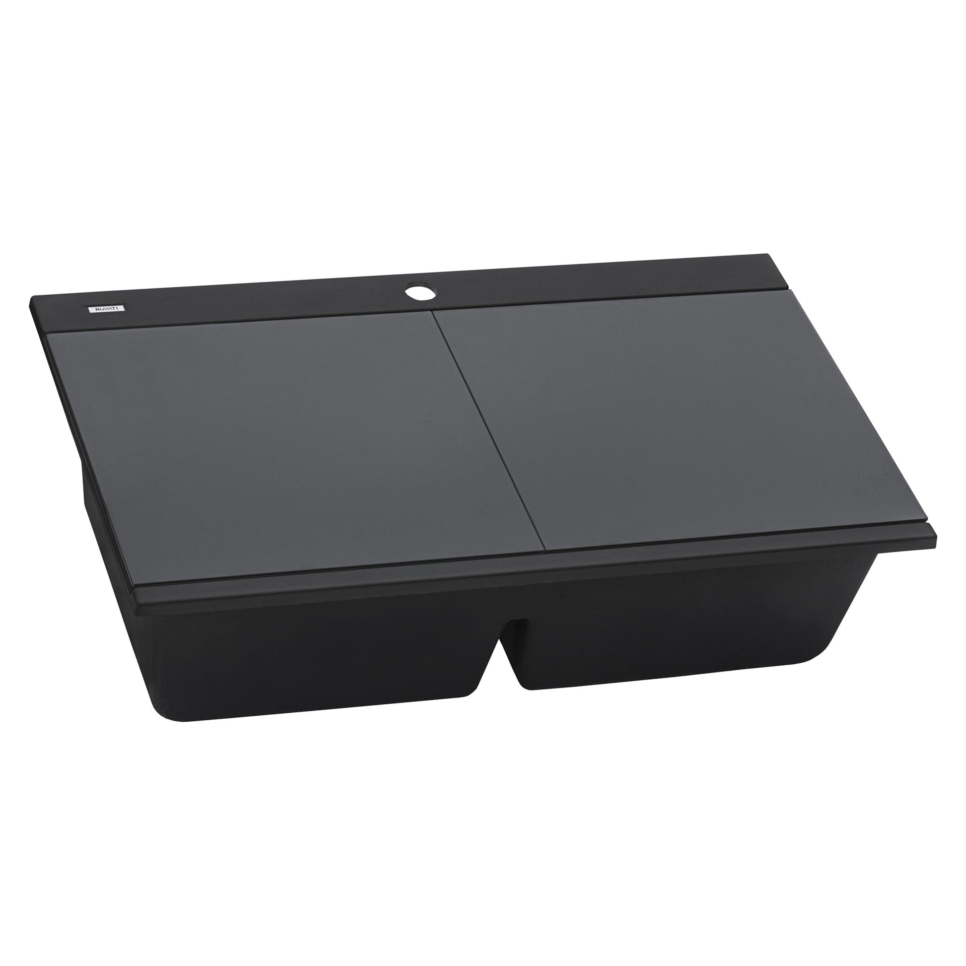 Ruvati epiGranite 34" x 20" Midnight Black Topmount Granite 50/50 Double Bowl Workstation Ledge Kitchen Sink With Basket Strainer and Drain Assembly