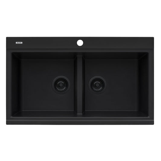 Ruvati epiGranite 34" x 20" Midnight Black Topmount Granite 50/50 Double Bowl Workstation Ledge Kitchen Sink With Basket Strainer and Drain Assembly