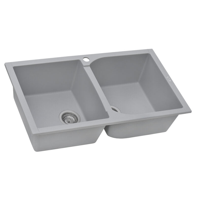 Ruvati epiGranite 34" x 20” Silver Gray Dual-Mount Granite 50/50 Double Bowl Kitchen Sink With Basket Strainer and Drain Assembly