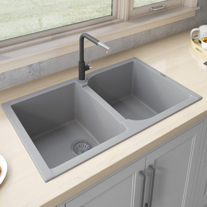 Ruvati epiGranite 34" x 20” Silver Gray Dual-Mount Granite 50/50 Double Bowl Kitchen Sink With Basket Strainer and Drain Assembly