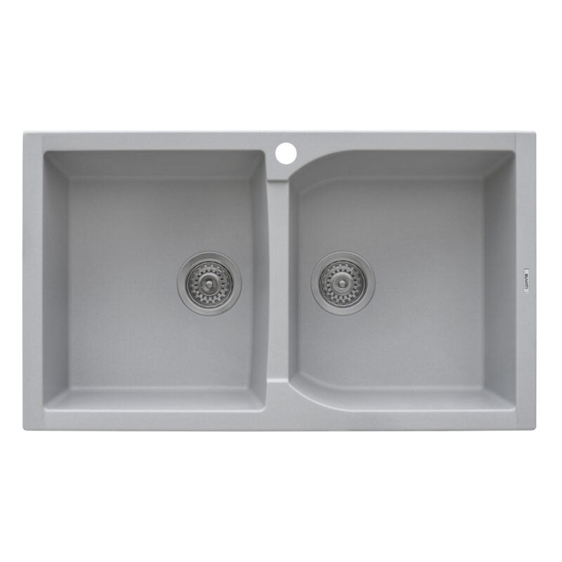 Ruvati epiGranite 34" x 20” Silver Gray Dual-Mount Granite 50/50 Double Bowl Kitchen Sink With Basket Strainer and Drain Assembly