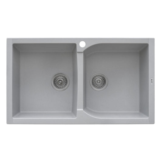 Ruvati epiGranite 34" x 20” Silver Gray Dual-Mount Granite 50/50 Double Bowl Kitchen Sink With Basket Strainer and Drain Assembly
