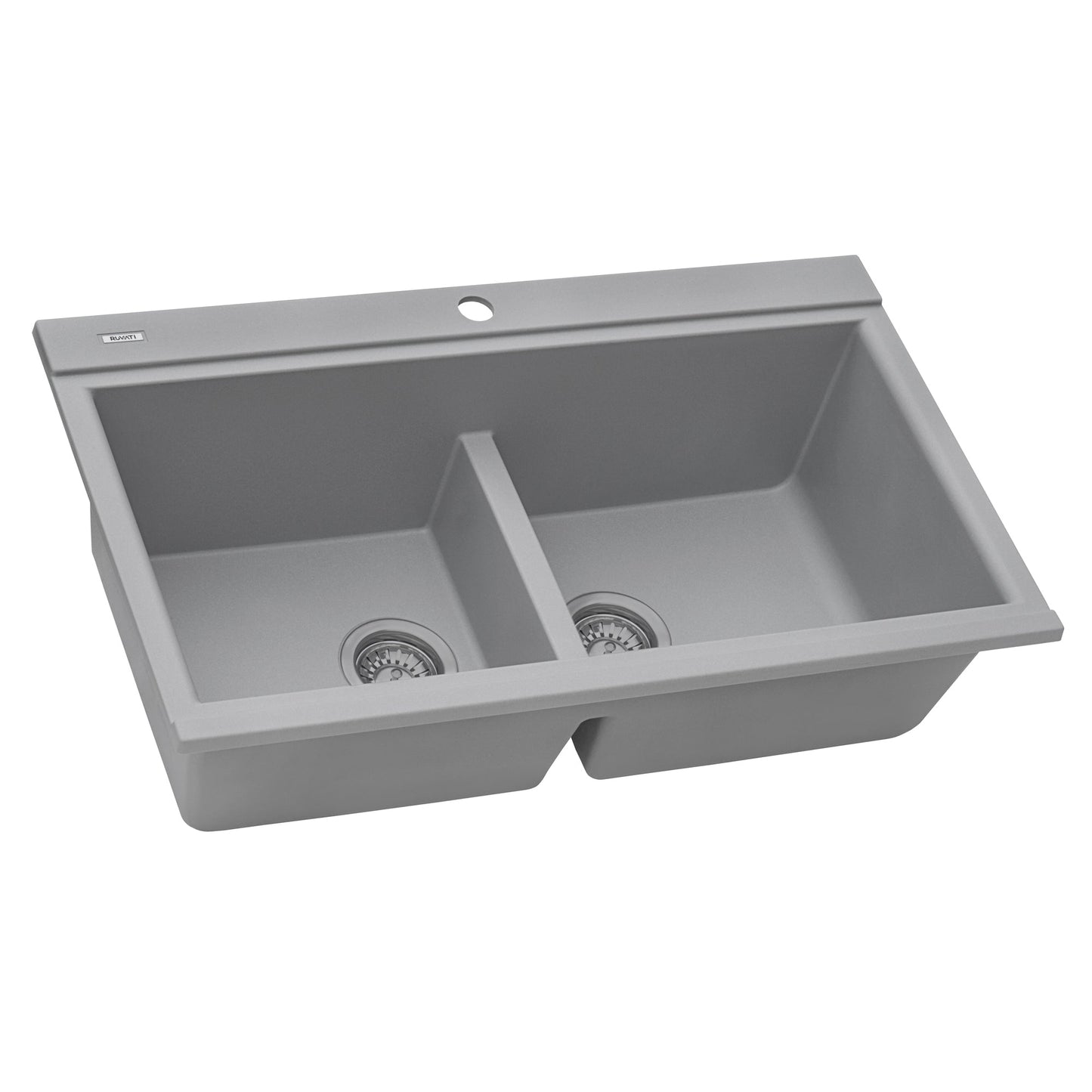 Ruvati epiGranite 34" x 20" Silver Gray Topmount Granite 50/50 Double Bowl Workstation Ledge Kitchen Sink With Basket Strainer and Drain Assembly