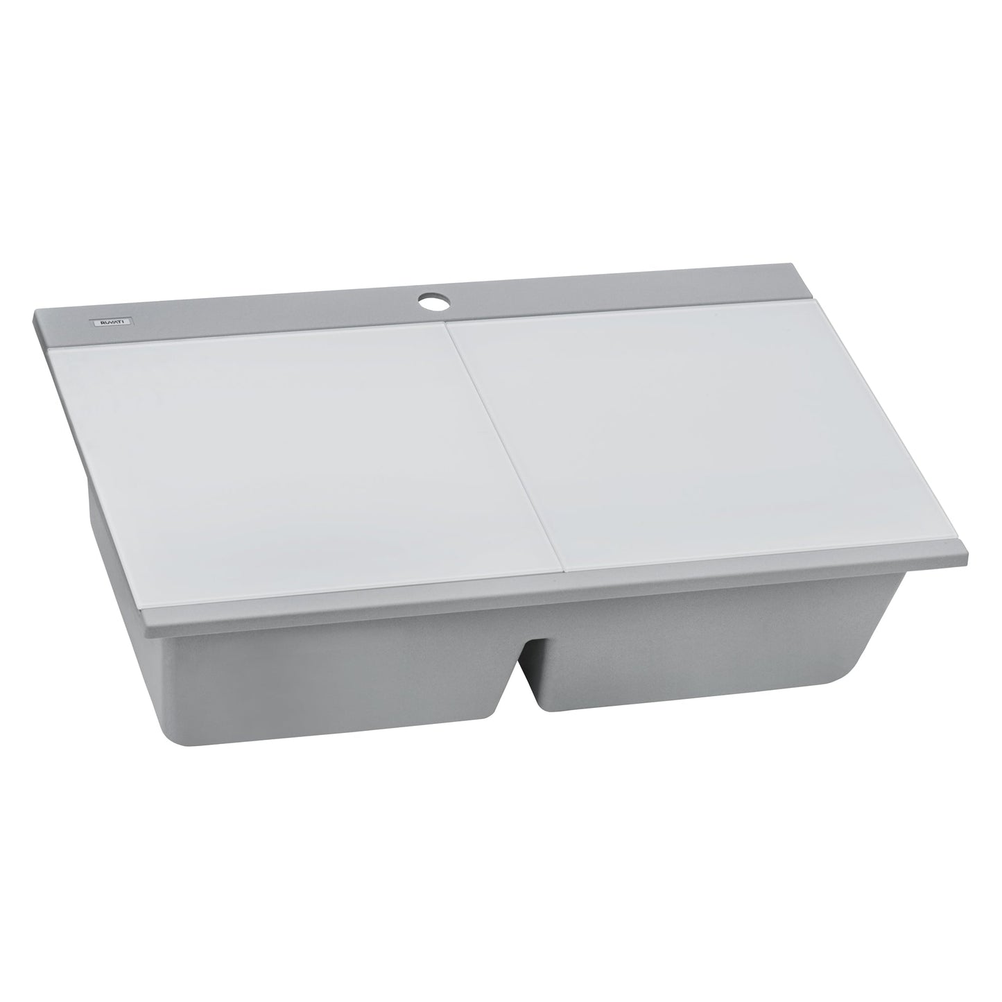 Ruvati epiGranite 34" x 20" Silver Gray Topmount Granite 50/50 Double Bowl Workstation Ledge Kitchen Sink With Basket Strainer and Drain Assembly