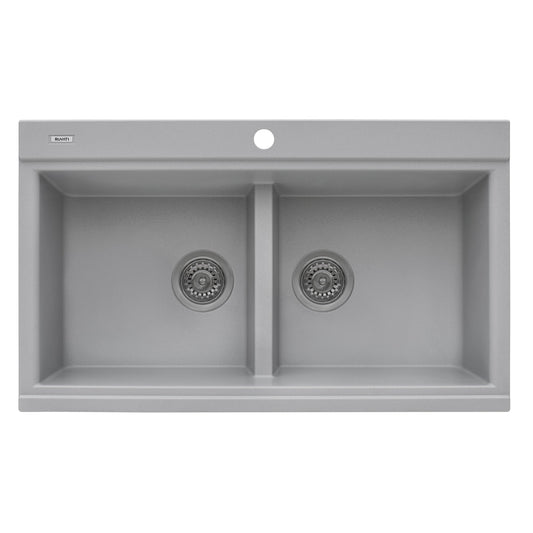 Ruvati epiGranite 34" x 20" Silver Gray Topmount Granite 50/50 Double Bowl Workstation Ledge Kitchen Sink With Basket Strainer and Drain Assembly