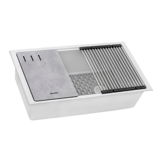Ruvati epiStage 33” x 19” Arctic White Undermount Granite Single Bowl Workstation Kitchen Sink With Basket Strainer, Bottom Rinse Grid and Drain Assembly