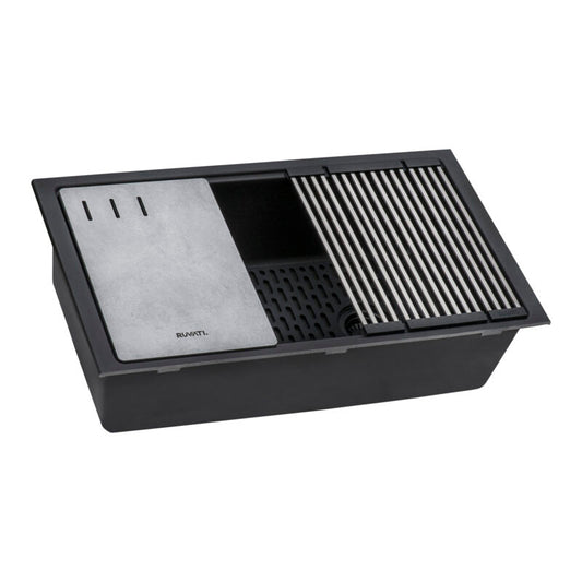 Ruvati epiStage 33” x 19" Matte Black Undermount Granite Single Bowl Workstation Kitchen Sink With Basket Strainer, Bottom Rinse Grid and Drain Assembly