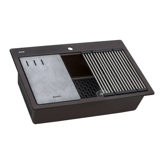 Ruvati epiStage 33" x 22" Espresso Brown Drop-in Workstation Granite Composite Single Bowl Kitchen Sink With Basket Strainer and Drain Assembly