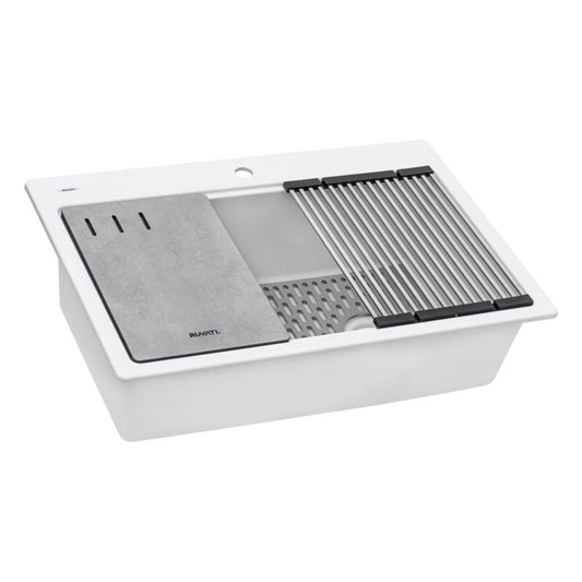 Ruvati epiStage 33" x 22" Matte White Drop-in Workstation Granite Composite Single Bowl Kitchen Sink With Basket Strainer and Drain Assembly