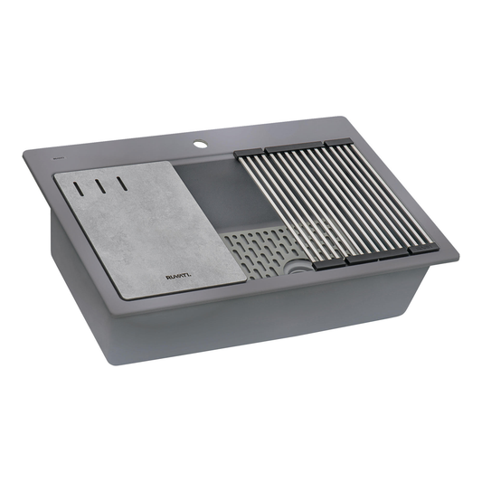 Ruvati epiStage 33" x 22" Urban Gray Drop-in Workstation Granite Composite Single Bowl Kitchen Sink With Basket Strainer and Drain Assembly