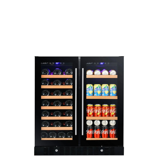 Smith & Hanks 30" 6.24 Cu. Ft. 90 Can 34 Bottle Built-in or Freestanding Dual Zone Wine and Beverage Cooler With Smoked Black Rimless Glass Door