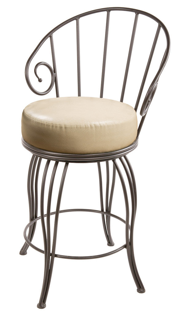 Stone County Ironworks Bella 25" Natural Black Swivel Iron Bar Stool With Gold Iron Accent and White Leather Upholstery