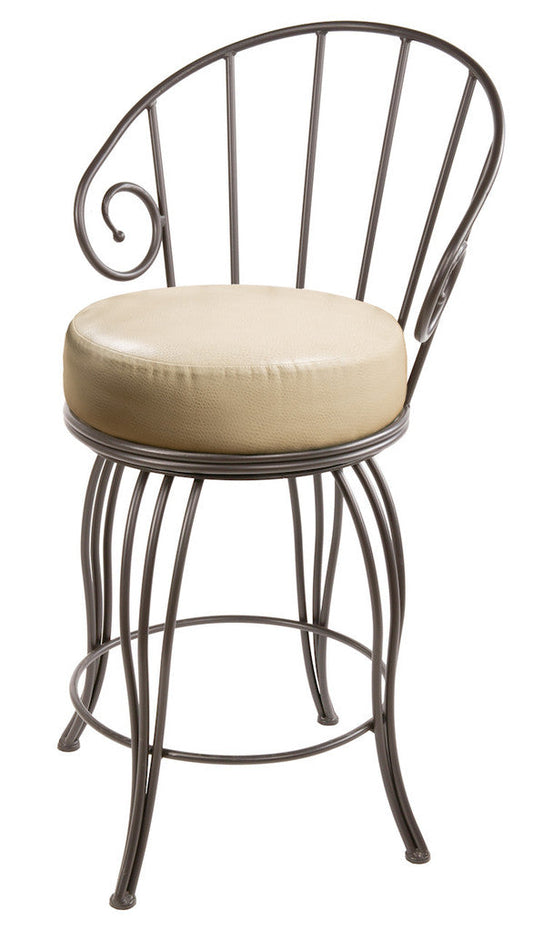 Stone County Ironworks Bella 30" Natural Black Swivel Iron Bar Stool With Pewter Iron Accent and White Leather Upholstery