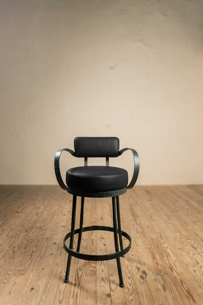 Stone County Ironworks Cedarvale 25" Hand Rubbed Bronze Non-Swivel Iron Bar Stool With Copper Iron Accent, Back, Arms and White Leather Upholstery