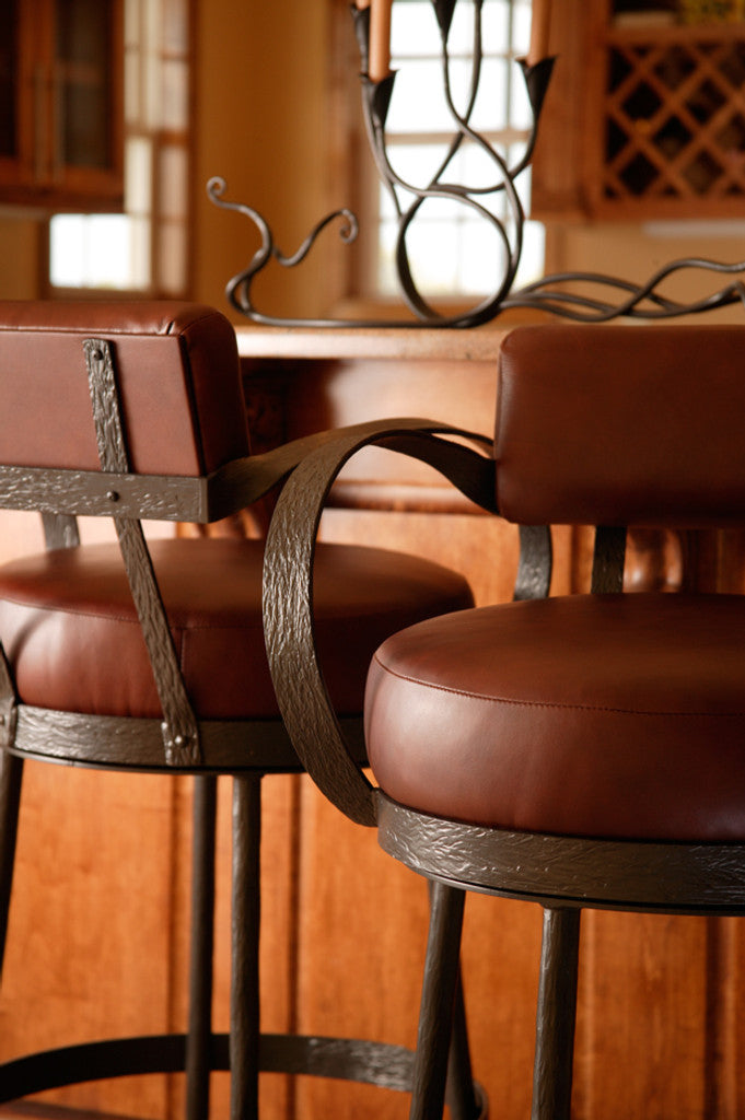 Stone County Ironworks Cedarvale 25" Hand Rubbed Bronze Swivel Iron Bar Stool With Gold Iron Accent, Back, Arms and Black Leather Upholstery