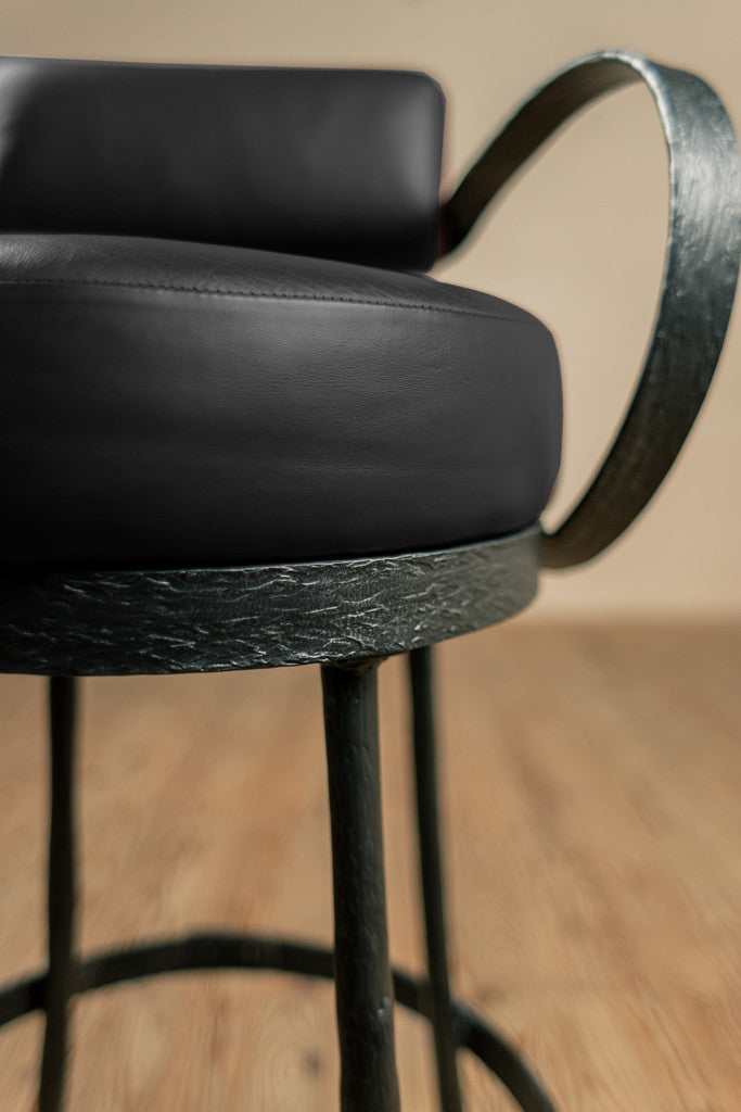 Stone County Ironworks Cedarvale 25" Hand Rubbed Ivory Swivel Iron Bar Stool With Back, Arms and Emu Espresso Faux Upholstery