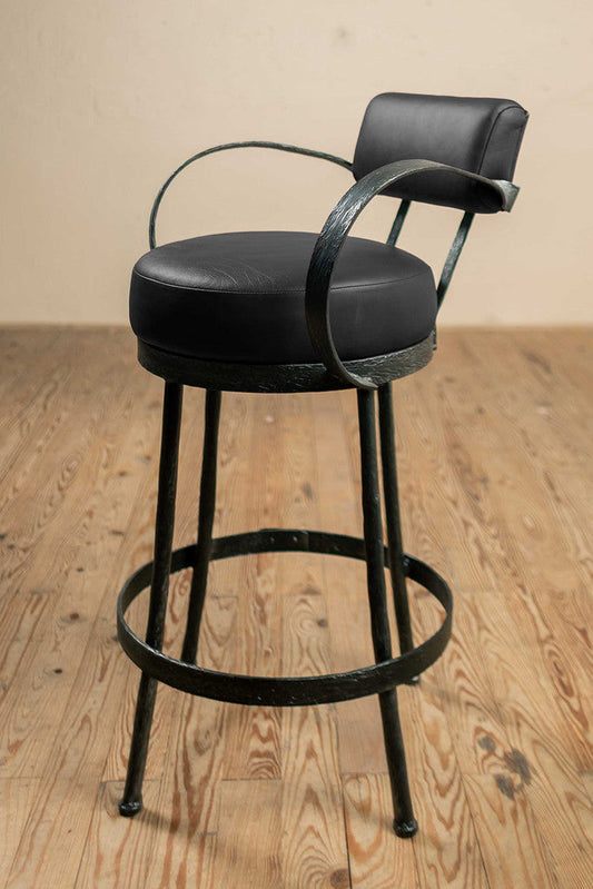 Stone County Ironworks Cedarvale 25" Hand Rubbed Ivory Swivel Iron Bar Stool With Pewter Iron Accent, Back, Arms and Black Leather Upholstery