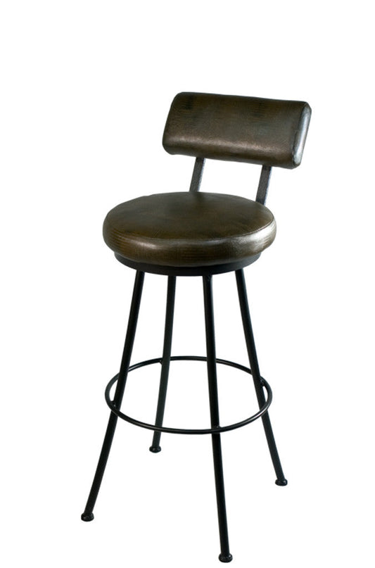 Stone County Ironworks Cedarvale 30" Hand Rubbed Bronze Round Non-Swivel Iron Bar Stool With Gold Iron Accent and Walnut Wood Seat