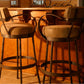 Stone County Ironworks Cedarvale 30" Hand Rubbed Pewter Non-Swivel Iron Bar Stool With Gold Iron Accent, Back, Arms and Black Leather Upholstery