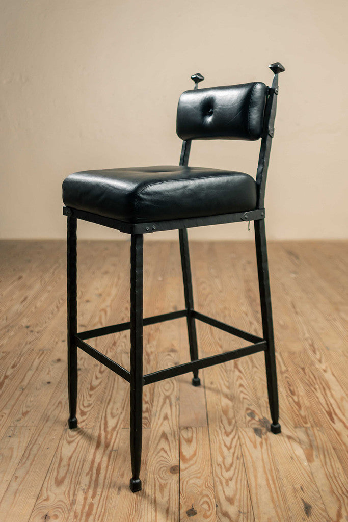 Stone County Ironworks Forest Hill 25" Hand Rubbed Pewter Iron Bar Stool With Gold Iron Accent, Padded Back and Umber Leather Upholstery