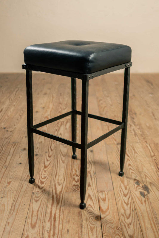 Stone County Ironworks Forest Hill 25" Hand Rubbed Pewter Iron Bar Stool With Neutral Cloth Upholstery