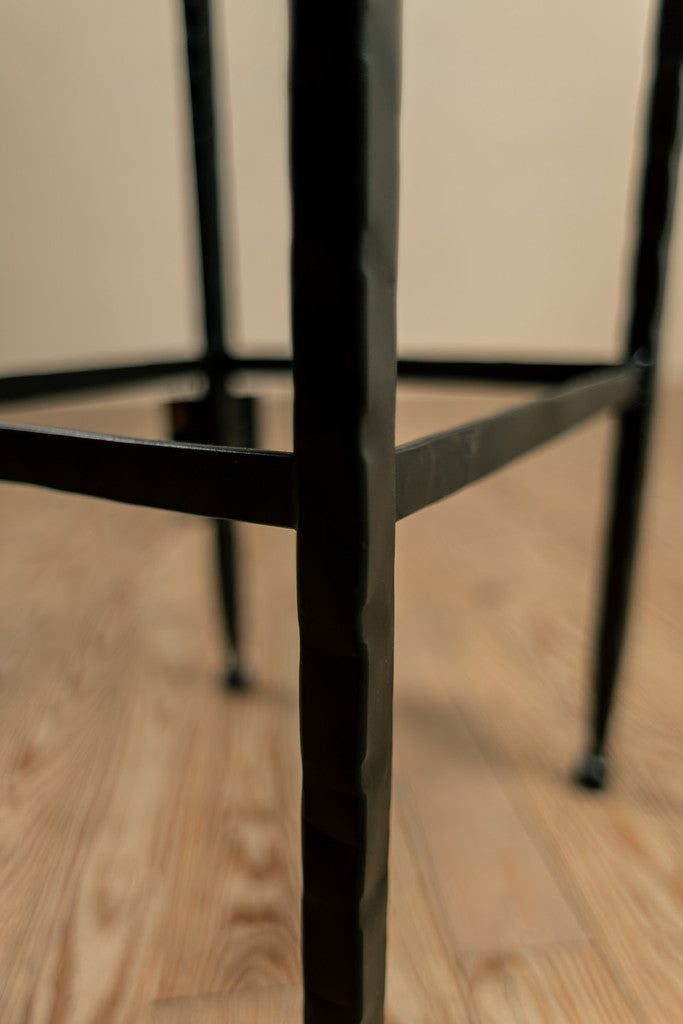 Stone County Ironworks Forest Hill 25" Satin Black Iron Bar Stool With Pewter Iron Accent and Camel Leather Upholstery