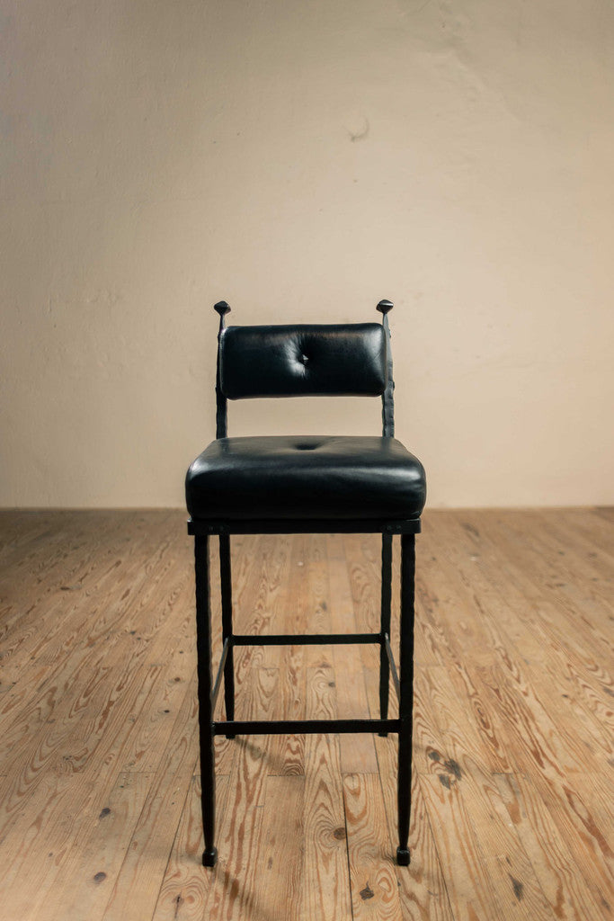 Stone County Ironworks Forest Hill 30" Burnished Gold Iron Bar Stool With Copper Iron Accent, Padded Back and Emu Espresso Faux Upholstery