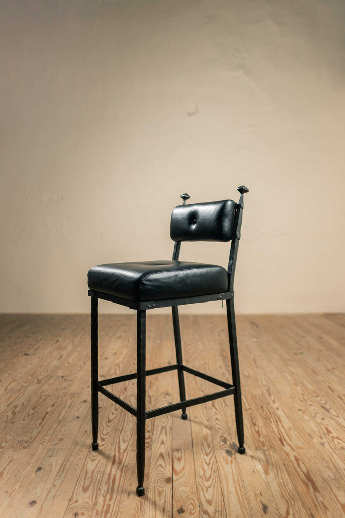 Stone County Ironworks Forest Hill 30" Chalk White Iron Bar Stool With Padded Back and Umber Leather Upholstery