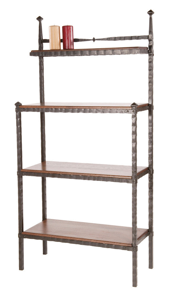 Stone County Ironworks Forest Hill 32" 4-Tier Satin Black Iron Baker's Rack With Sawmill Slab English Oak Wood Finish Top