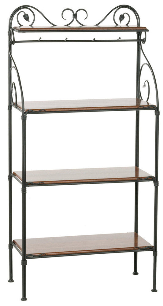 Stone County Ironworks Leaf 30" 4-Tier Hand Rubbed Pewter Iron Baker's Rack With Ebony Oak Wood Finish Top