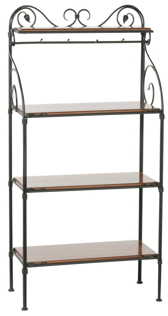 Stone County Ironworks Leaf 30" 4-Tier Satin Black Iron Baker's Rack With Sawmill Slab Oil Stained Oak Wood Finish Top