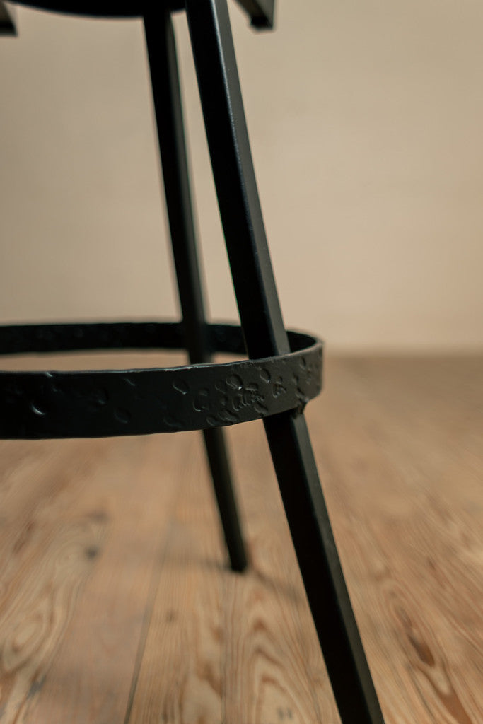 Stone County Ironworks Montage 30" Burnished Gold Non-Swivel Iron Bar Stool With Standard Cushion and Flint Leather Seat Material