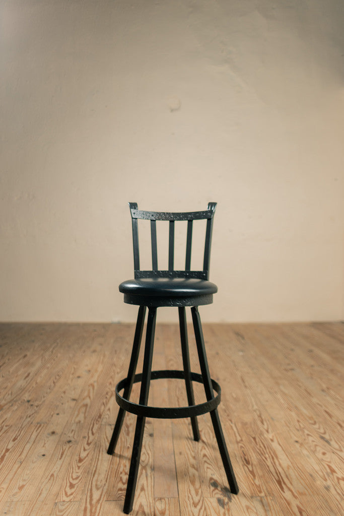 Stone County Ironworks Montage 30" Hand Rubbed Brass Non-Swivel Iron Bar Stool With Standard Cushion and Cherry Wood Finish Seat Material