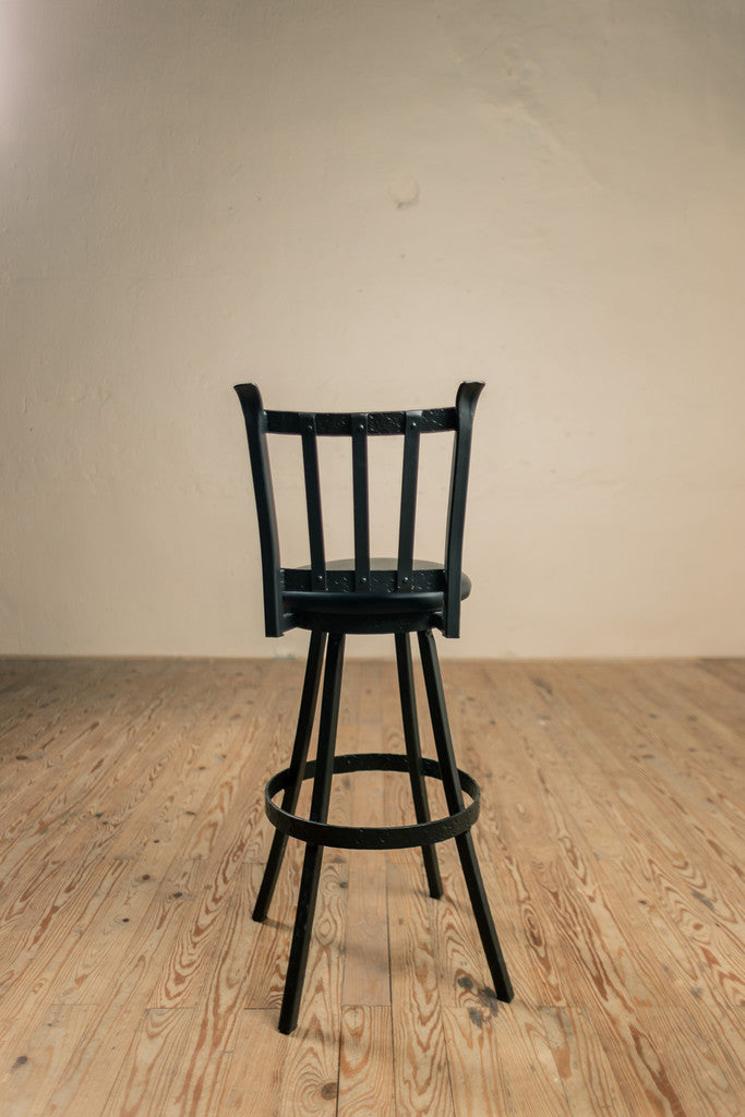 Stone County Ironworks Montage 30" Satin Black Non-Swivel Iron Bar Stool With Pewter Iron Accent, Standard Cushion and Distressed Pine Wood Finish Seat Material