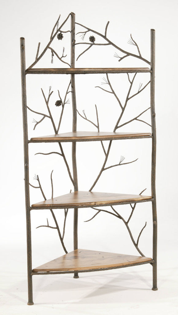 Stone County Ironworks Pine 30" 4-Tier Hand Rubbed Pewter Iron Corner Rack Base With Gold Iron Accent